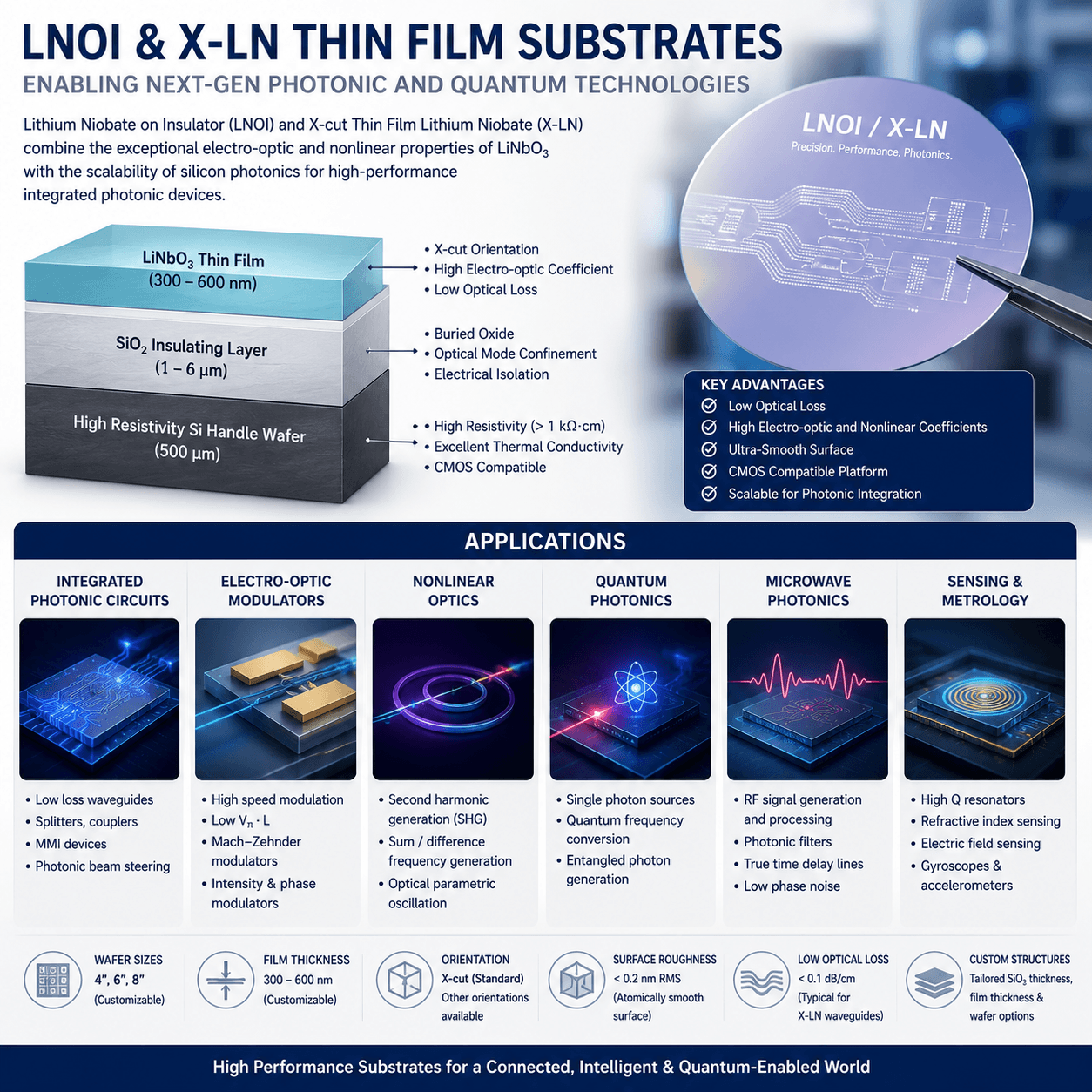 LNOI and X-cut lithium niobate thin-film substrate applications including integrated photonics, electro-optic modulators, nonlinear optics, quantum photonics, microwave photonics, and sensing
