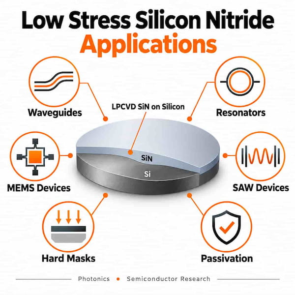 Low stress silicon nitride substrate applications including waveguides, resonators, MEMS devices, SAW devices, hard masks and passivation