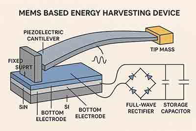 MEMS Energy Harvester Structure with PZT, Electrodes, and Tip Mass MEMS-based energy harvesting device cross-section with PZT layer, silicon dioxide, silicon substrate, electrodes, and tip mass