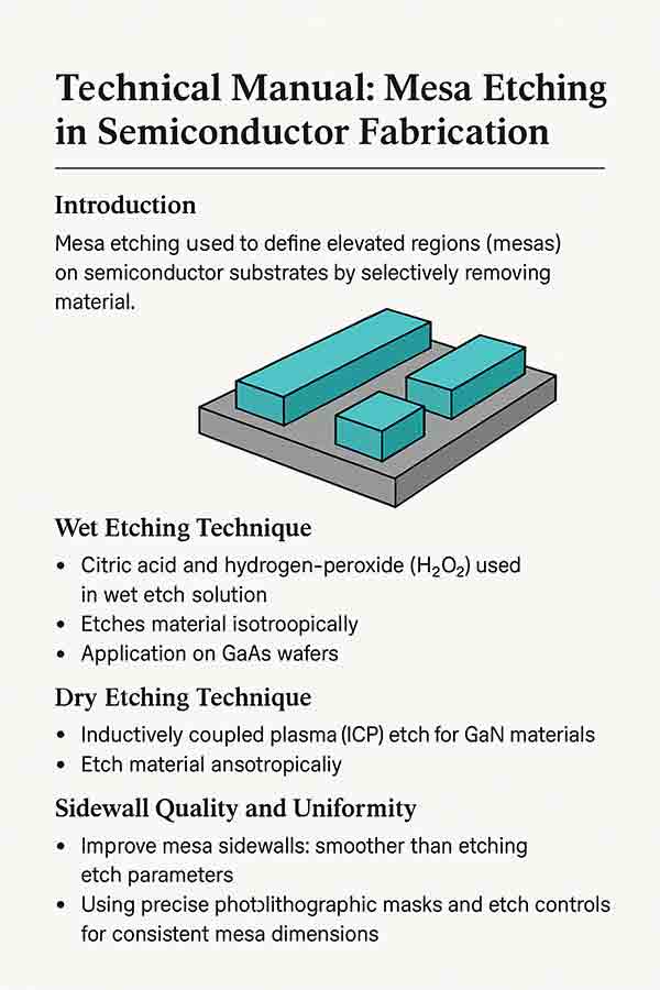 Mesa Etching in Semiconductor Fabrication – Wet and Dry Etch Methods Illustration of mesa etching techniques showing elevated semiconductor regions defined by etching