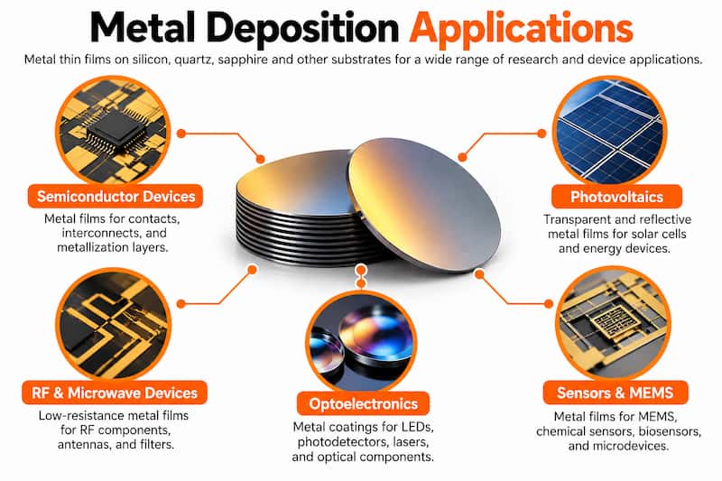 Metal deposition substrate applications including semiconductor devices, photovoltaics, RF and microwave devices, optoelectronics, and MEMS sensors