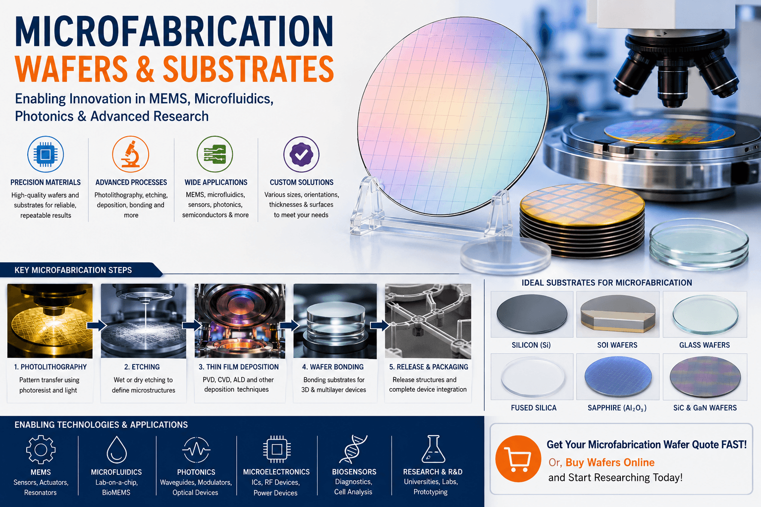 Microfabrication wafers and substrates for MEMS, microfluidics, photonics, photolithography, etching, thin-film deposition and advanced research