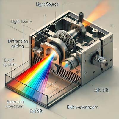 Monochromator, showing the light path and key components like the light source, diffraction grating, and exit slit.