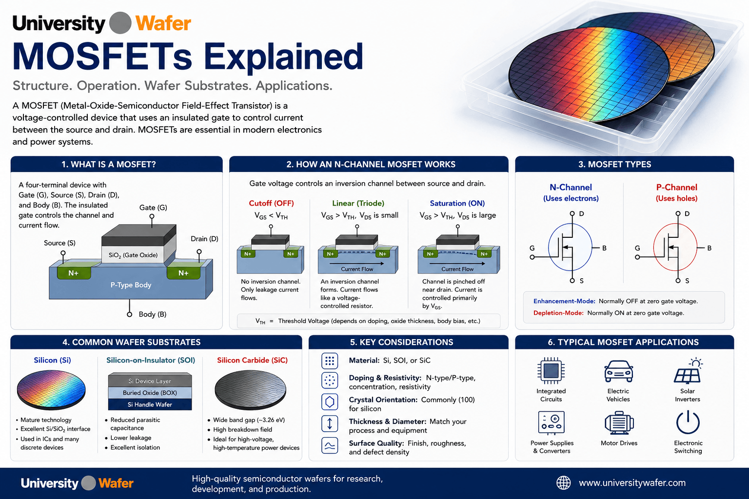MOSFET infographic showing MOSFET structure, N-channel operation, MOSFET types, silicon, SOI and SiC wafer substrates, wafer selection factors and applications