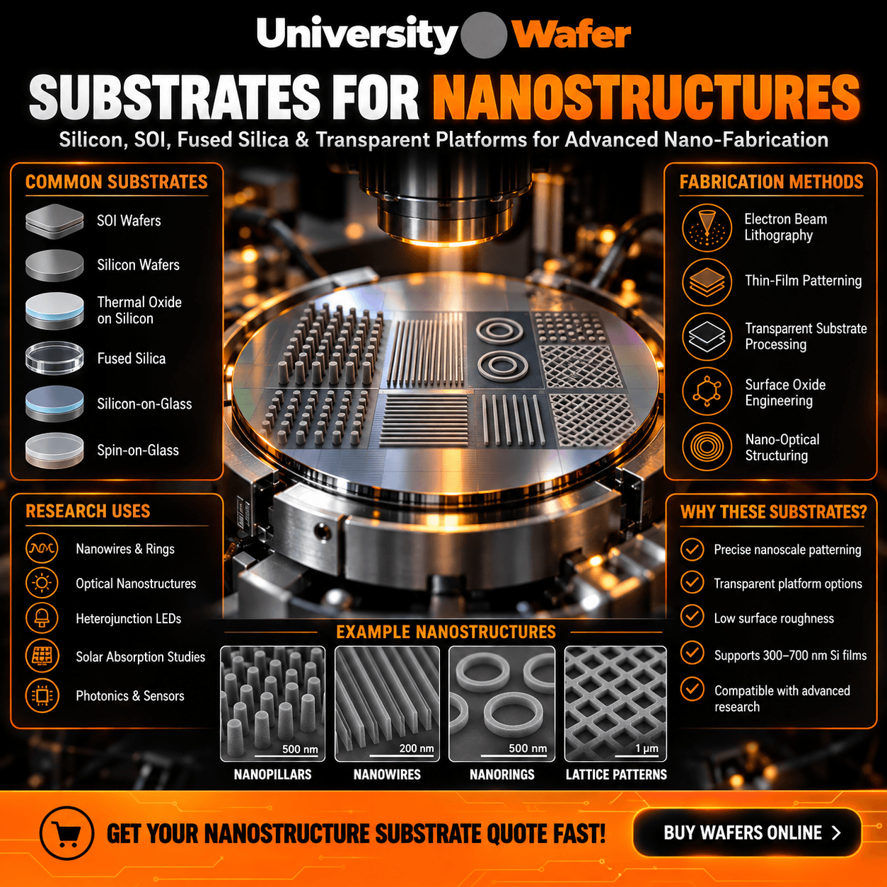 Nanostructure substrate infographic showing SOI wafers, silicon wafers, thermal oxide on silicon, fused silica, silicon-on-glass, spin-on-glass, fabrication methods, nanowires, nanorings, photonics, sensors, LEDs, and solar absorption research