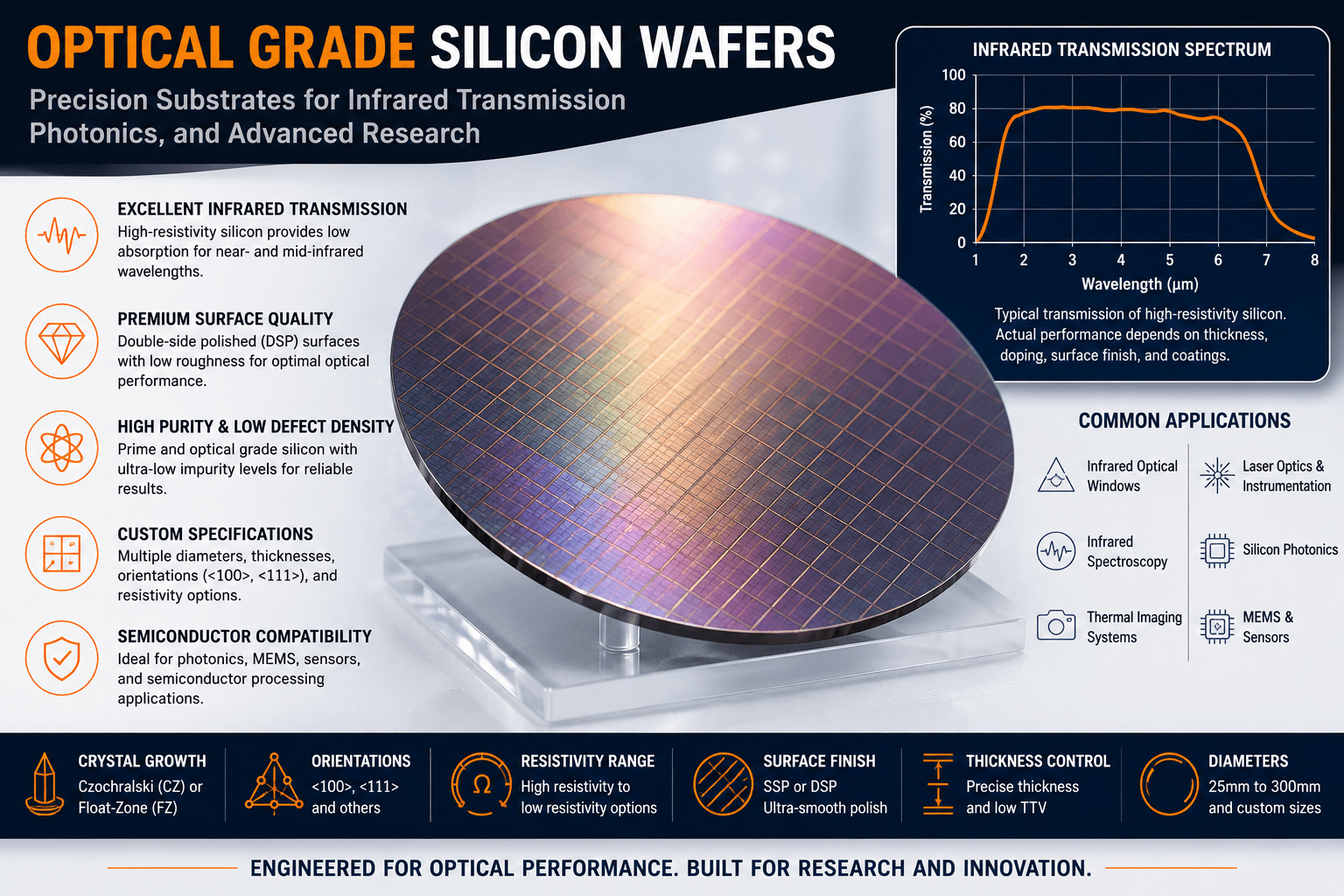 Optical grade silicon wafers for infrared transmission, spectroscopy, silicon photonics, MEMS, infrared sensors, laser systems and semiconductor research