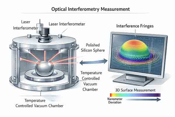 Precision metrology using optical interferometry to measure microscopic imperfections and lobing in silicon spheres.
