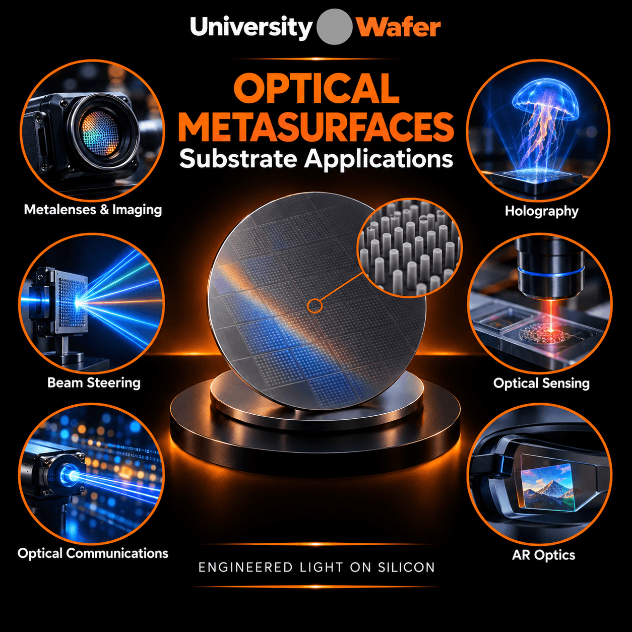 Conceptual illustration of light passing through silicon nanopillars on a transparent substrate and focusing below the wafer
