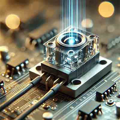  commonly used optical sensor. It features a small rectangular housing with a clear lens, mounted on a circuit board with visible electronic components, and connected by wires or a cable. The background includes light patterns and beams to indicate its functionality in detecting light, emphasizing its use in various modern applications.






