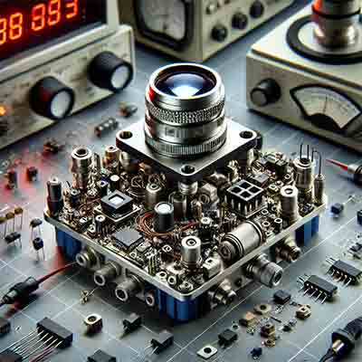 optoelectronic device in a lab setting, featuring components such as a laser diode, photodetector, and LEDs, along with visible wiring and circuit boards