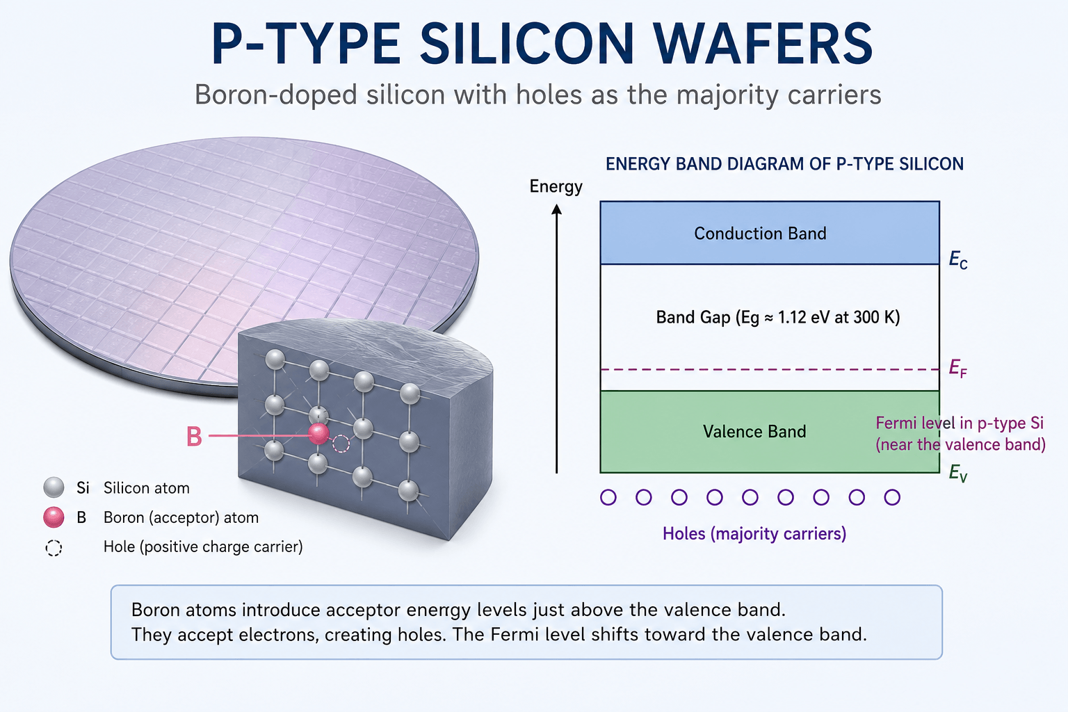 P-type silicon wafer showing boron acceptor doping, holes as majority carriers, and the Fermi level near the valence band