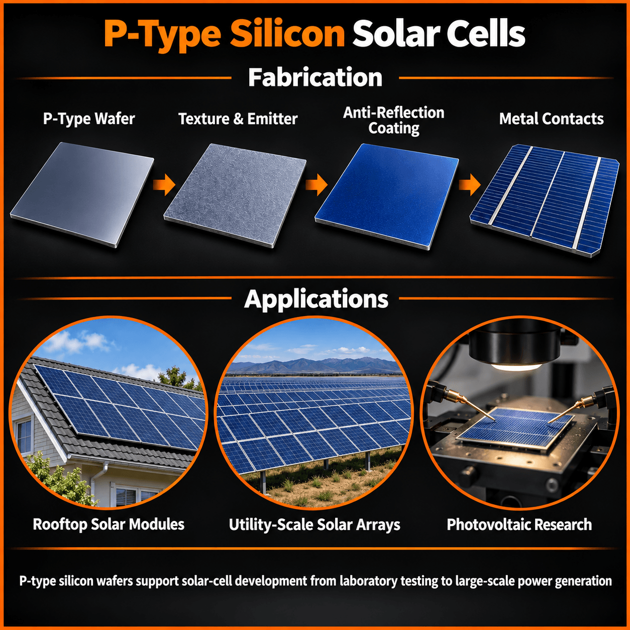P-type silicon solar cell fabrication steps and applications in rooftop solar modules, utility-scale solar arrays, and photovoltaic research