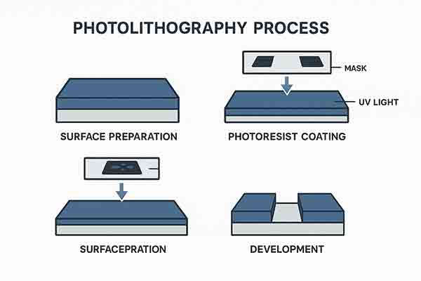 Photolithography Process: Surface Preparation to Development Steps in Microfabrication Flowchart of the photolithography process showing surface preparation, photoresist coating, UV exposure through a mask, and development