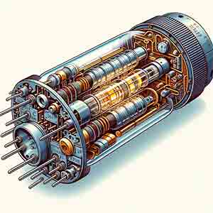 An illustration with a cutaway view of a photomultiplier tube, revealing its internal structure.