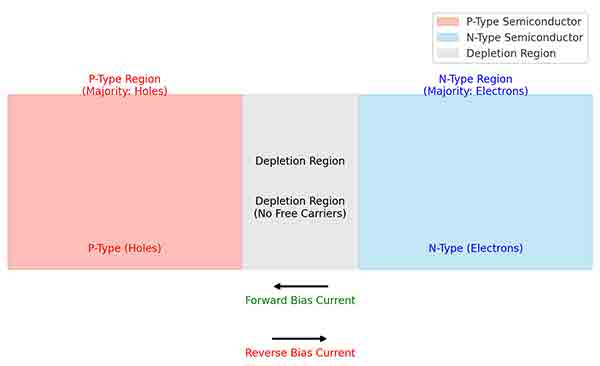 This illustration should help visualize the p-type, n-type, and depletion regions, along with the direction of current flow in forward and reverse bias. Let me know if this works for you or if you need further explanation. 