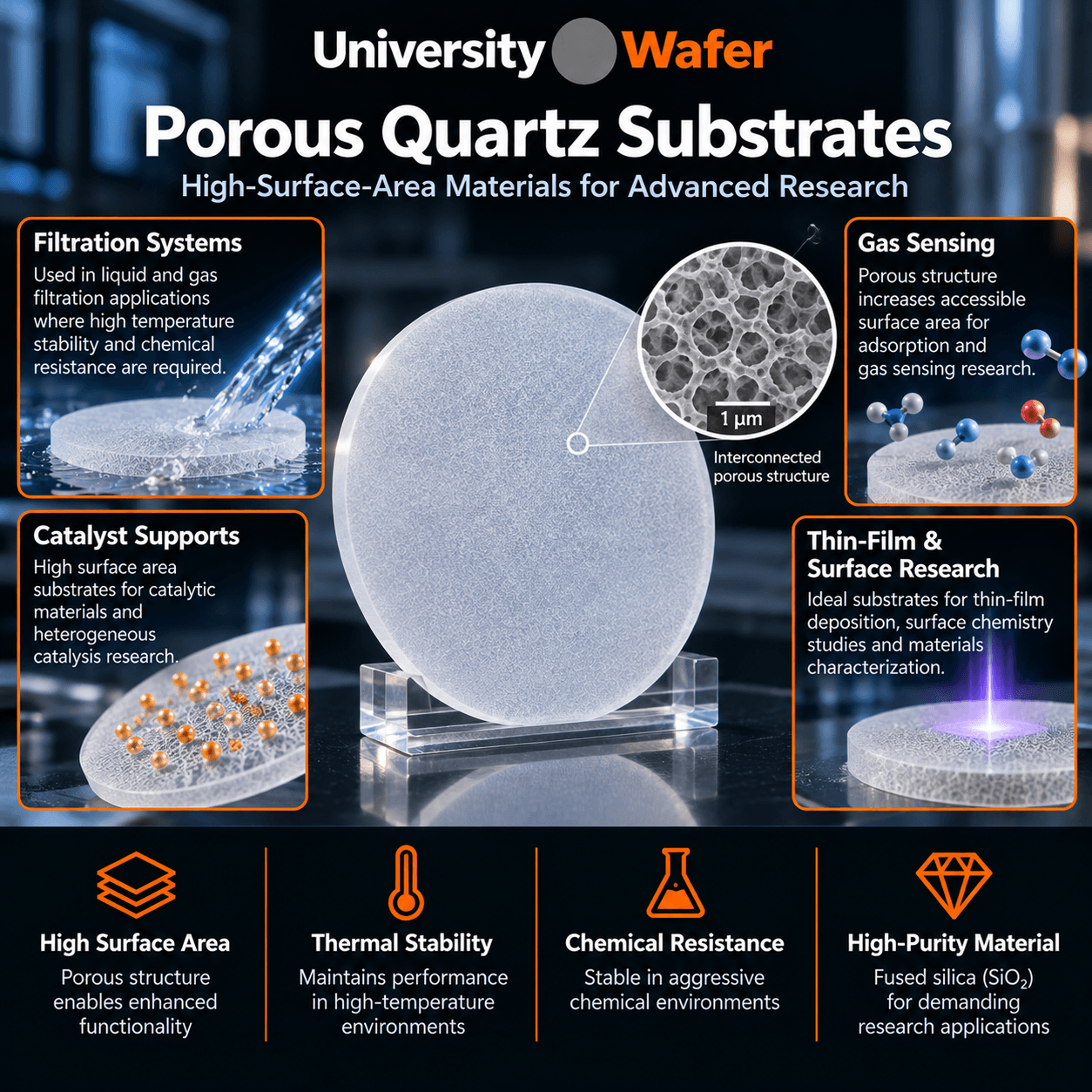 Porous quartz substrate applications including filtration, catalyst supports, gas sensing, thin-film deposition, and surface research