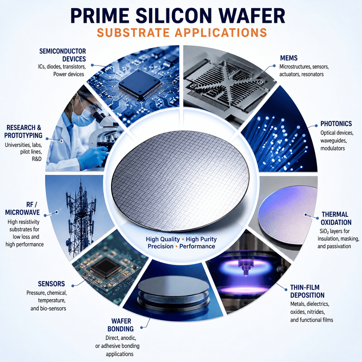 Prime grade silicon wafer substrate applications including semiconductor devices, MEMS, photonics, RF, sensors, wafer bonding, thermal oxidation, thin-film deposition and research