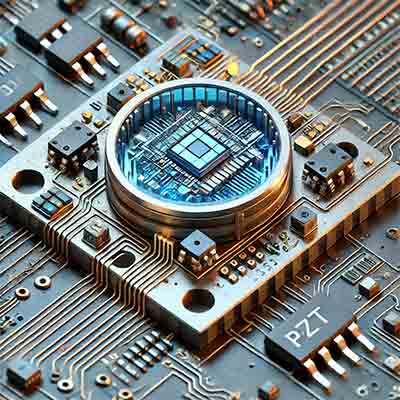 PZT-based MEMS sensor showcasing the piezoelectric components on a silicon substrate, including the microelectronic circuits and PZT thin films. Key parts such as the PZT layer, silicon substrate, and microelectronic connections are labeled for clarity.