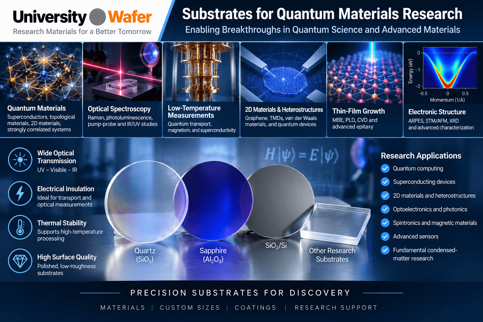 Quantum materials substrate applications showing quartz, sapphire and silicon dioxide on silicon substrates for spectroscopy, 2D materials, thin-film growth, cryogenic measurements and quantum device research