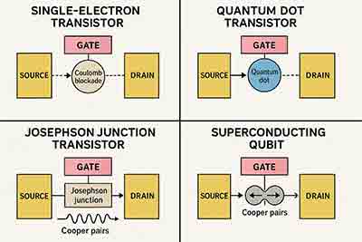 Diagrams of four quantum transistor types: single-electron transistor, quantum dot transistor, Josephson junction transistor, and superconducting qubit