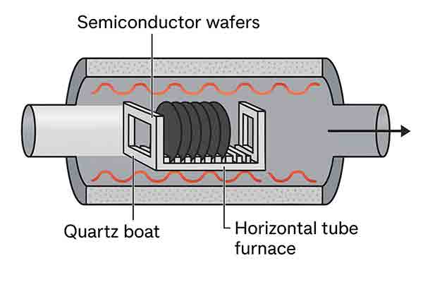 Quartz Boat in Horizontal Tube Furnace for Semiconductor Wafers Quartz boat holding silicon wafers inside a horizontal tube furnace for semiconductor processing