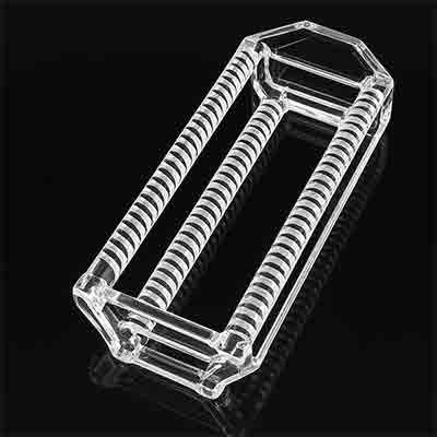 Clear Quartz Boat for Semiconductor Wafer Processing clear quartz boat used in semiconductor processing, shown on a reflective black surface