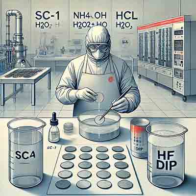 RCA cleaning process for silicon wafers in a semiconductor lab.