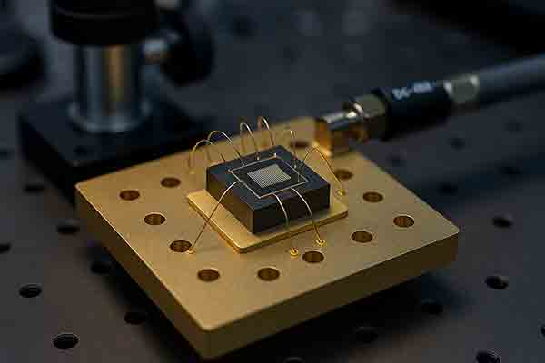 SAW Device Sensor Chip on Piezoelectric Substrate Surface acoustic wave sensor chip with gold interdigital electrodes mounted on a piezoelectric substrate