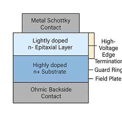 Schottky barrier diode structure showing metal–semiconductor junction, epitaxial layer, substrate, and edge termination