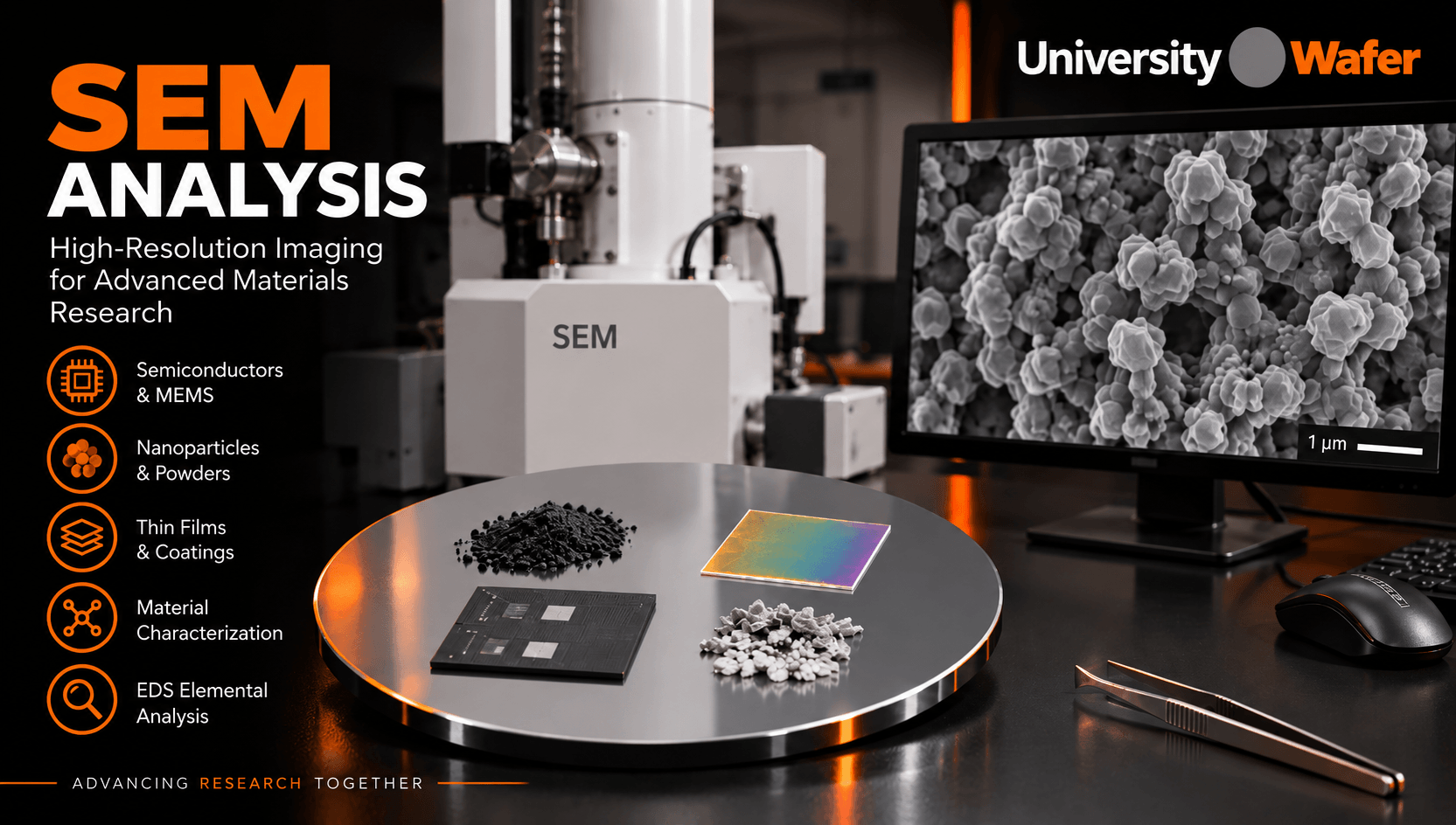 SEM analysis applications for silicon wafers, semiconductors, nanoparticles, thin films, and materials characterization