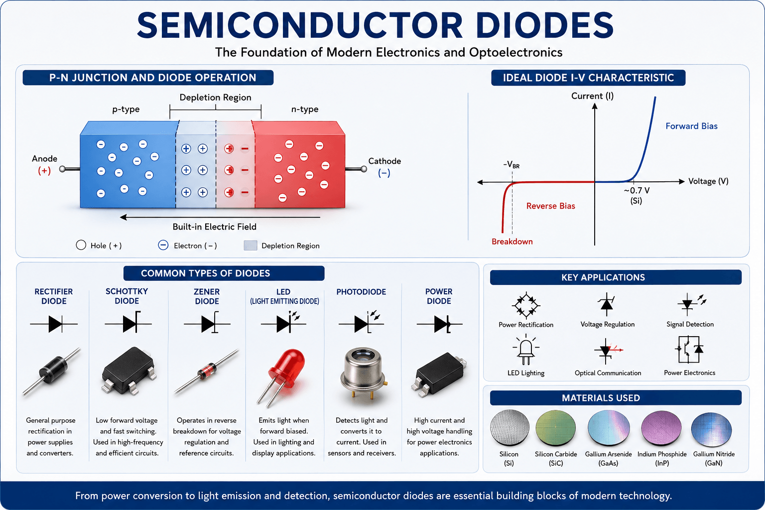 Semiconductor diodes infographic showing a PN junction, diode I-V characteristics, rectifier, Schottky, Zener, LED, photodiode, power diode applications, and semiconductor materials