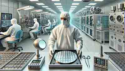 modern semiconductor wafer fabrication lab with a lab technician working carefully with a silicon wafer.