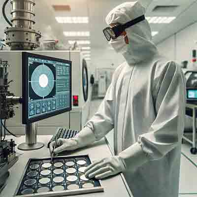 Semiconductor technician at work in a cleanroom environment