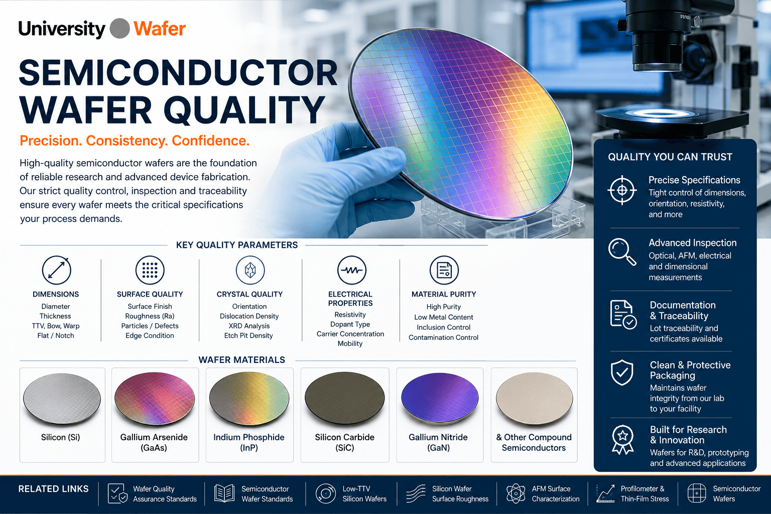 Semiconductor wafer quality control including dimensional inspection, surface quality, crystal quality, electrical properties, material purity, and wafer traceability