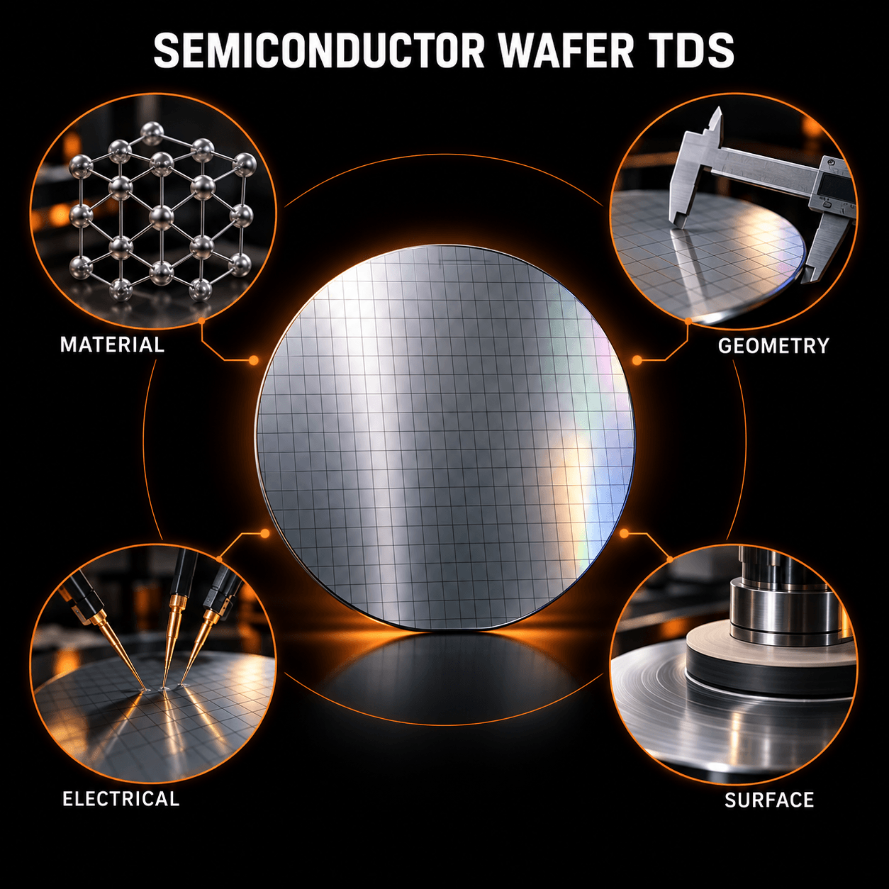 Semiconductor wafer technical data sheet infographic showing material, geometry, electrical, and surface specification categories