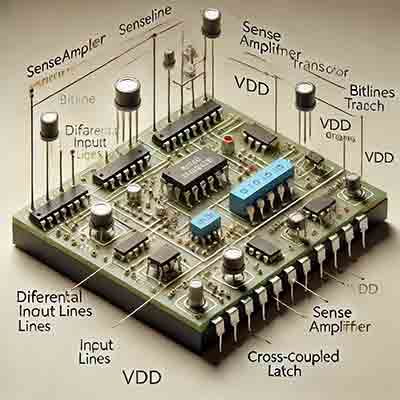 Sense Amplifier sense amplifier circuit diagram, showing transistors, bitlines, and a cross-coupled latch configuration with labeled components