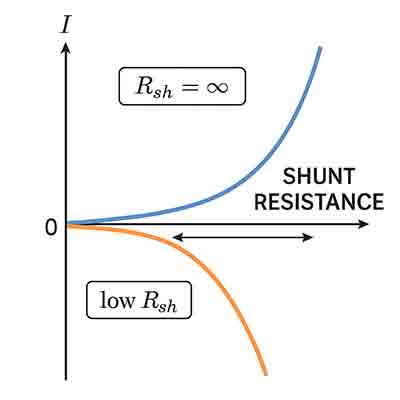 Shunt Resistance in Semiconductor Devices: High vs Low I-V curve of a semiconductor device showing high shunt resistance with steep current rise and low shunt resistance with leakage path flattening the curve.