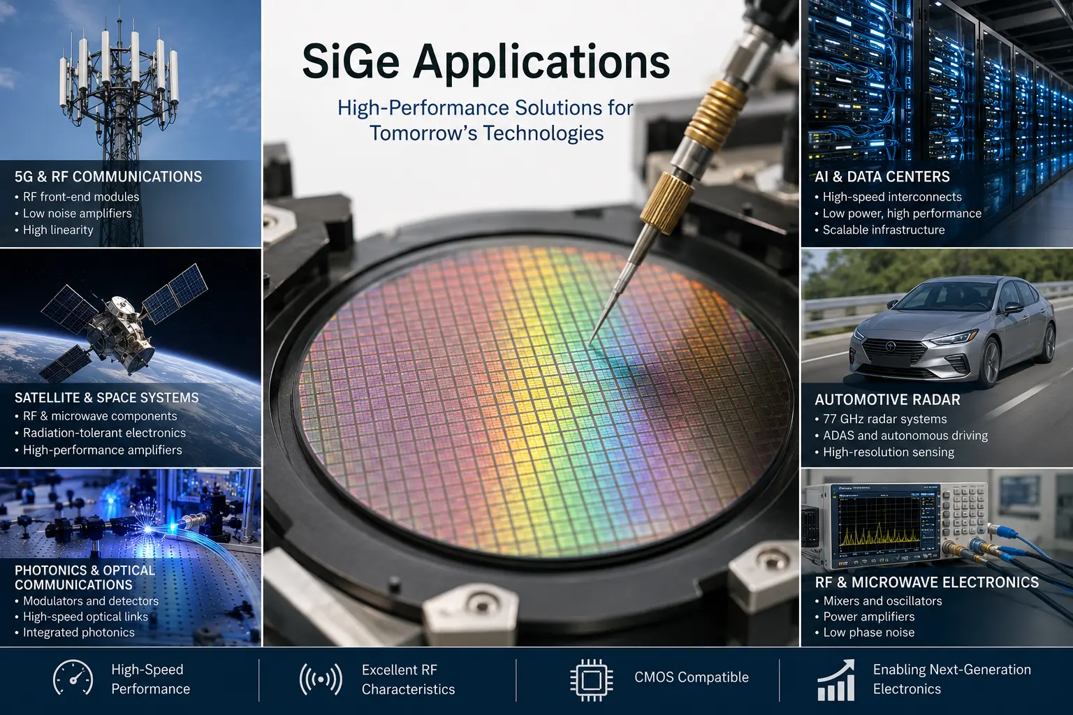 SiGe applications in 5G RF communications, AI data centers, automotive radar, photonics, satellite systems, and RF microwave electronics