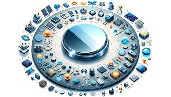 various applications of silicon wafers. In the center, you can see a large, shiny, circular silicon wafer. Around it, there are illustrated representations of its applications, including microelectronics, a solar cell panel, various sensors, optoelectronic devices, MEMS devices, nanotechnology elements, high-frequency radio components, and power electronic devices. Each application is labeled for clarity, demonstrating the diversity of silicon wafer applications in technology.