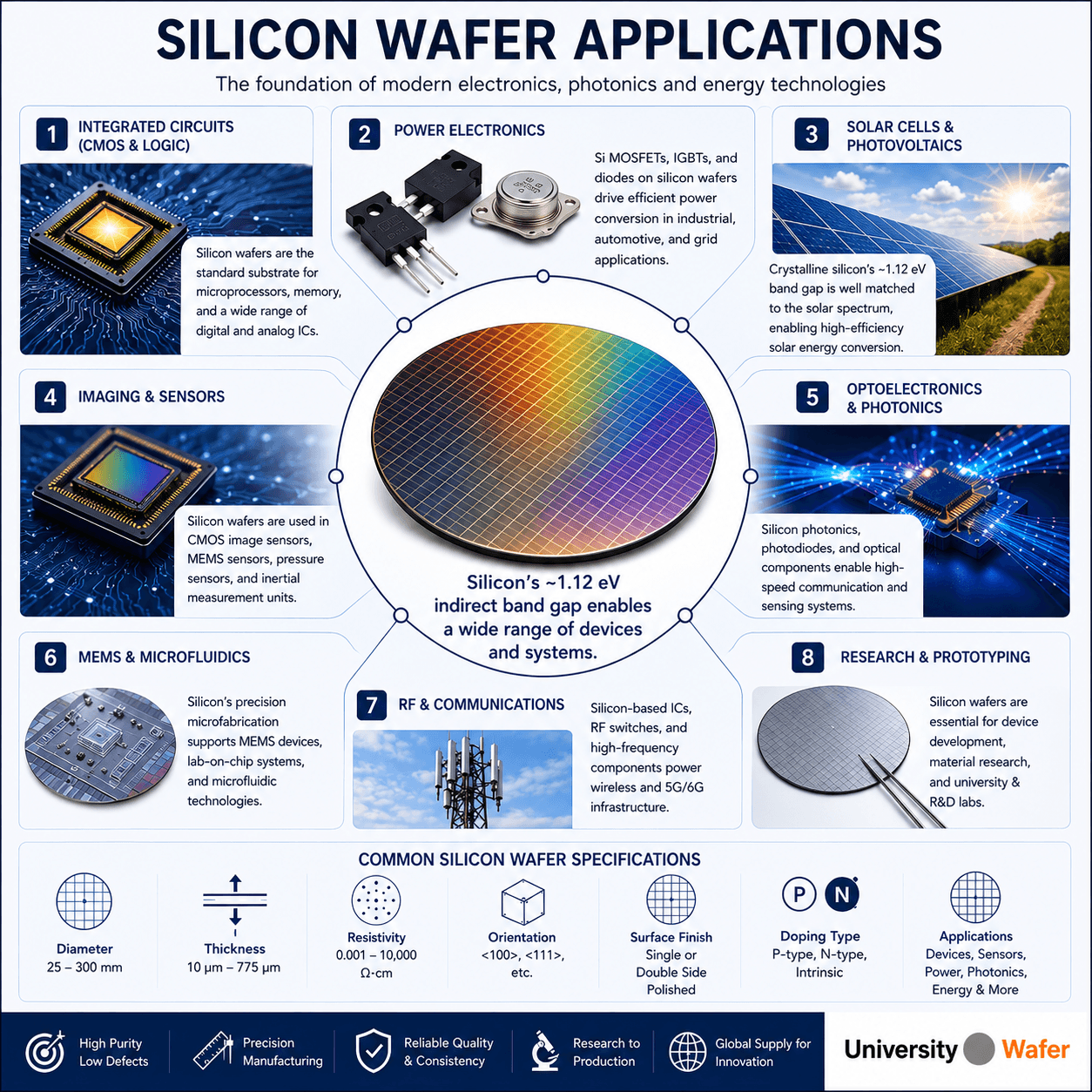 Silicon wafer applications including CMOS integrated circuits, power electronics, solar cells, image sensors, photonics, MEMS, RF communications and semiconductor research