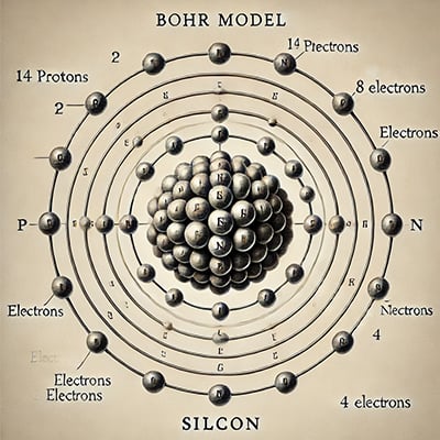 Silicon Bohr diagram of a silicon atom, showing its nucleus and electron arrangement across the three shells.