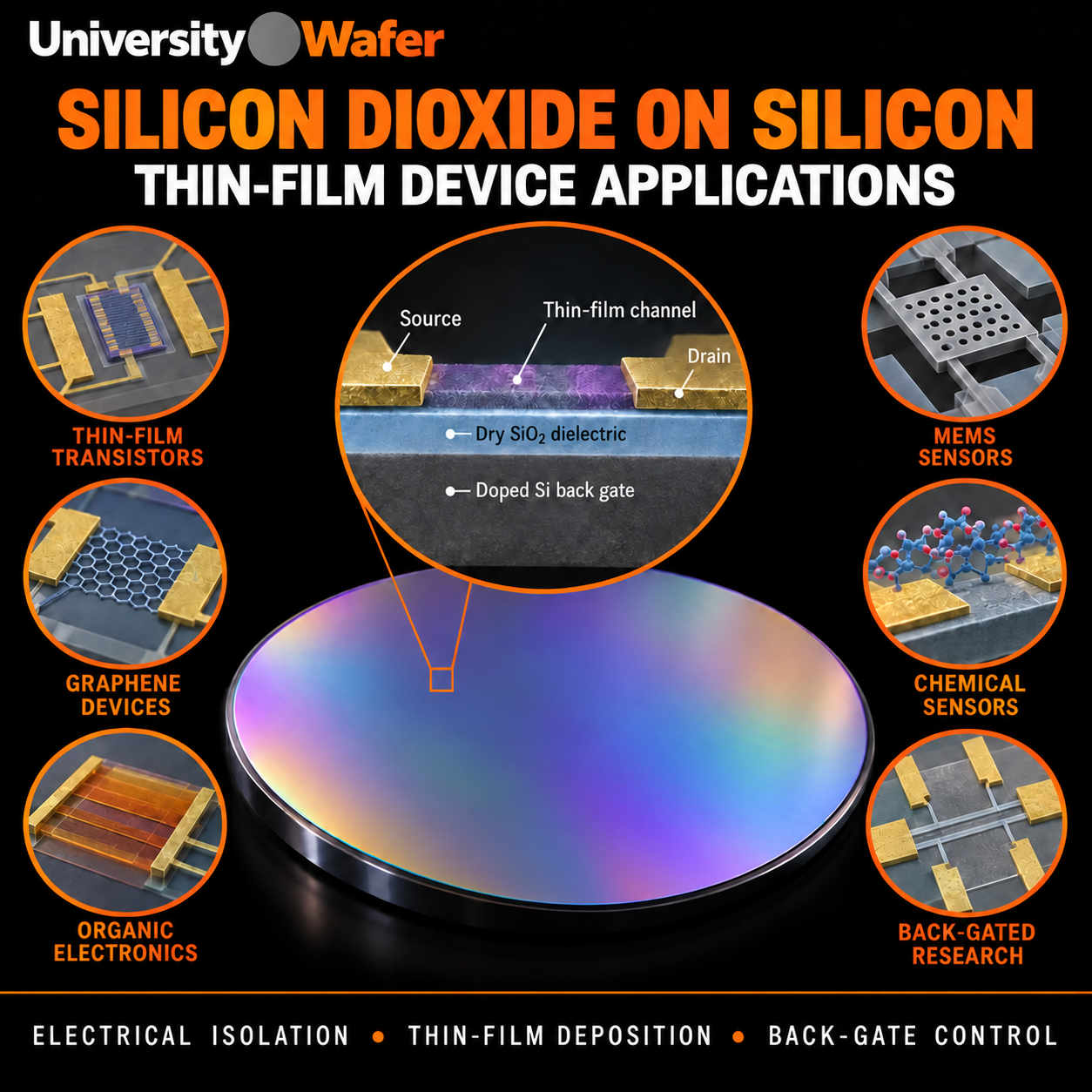 Silicon dioxide on silicon wafer for thin-film transistors, graphene devices, organic electronics, MEMS sensors, chemical sensors, and back-gated research