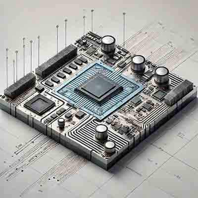 Silicon interposer, showing the structure with components mounted on it and through-silicon vias (TSVs) for connectivity