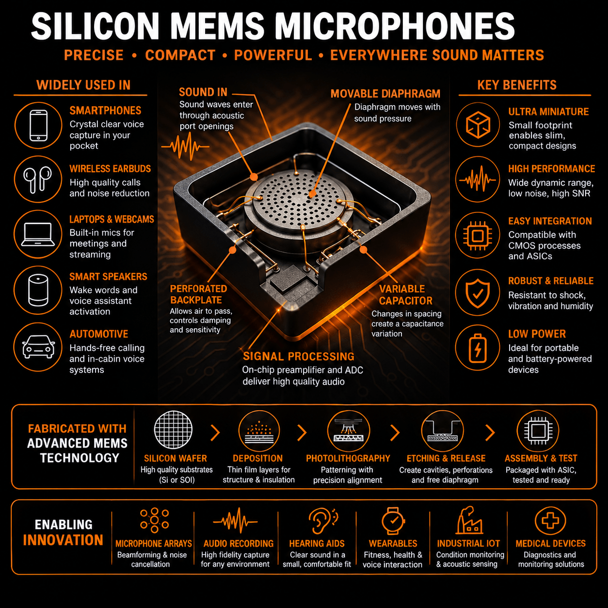 Silicon MEMS microphone applications including smartphones, wireless earbuds, laptops, automotive systems, hearing aids, wearables, medical devices and industrial acoustic sensing