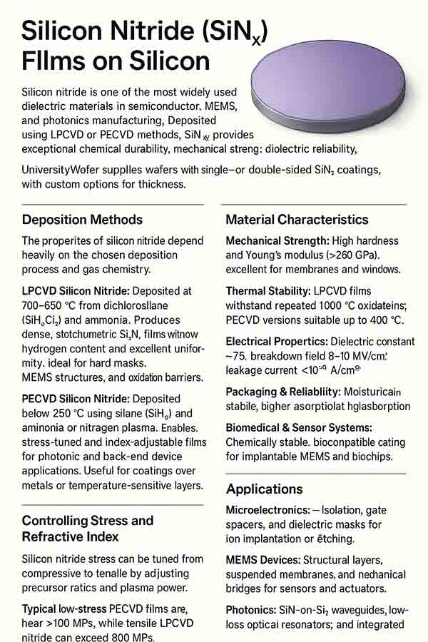 Silicon Nitride (SiNₓ) films on silicon, showing LPCVD and PECVD deposition methods, material properties, and applications in MEMS, photonics, and microelectronics."