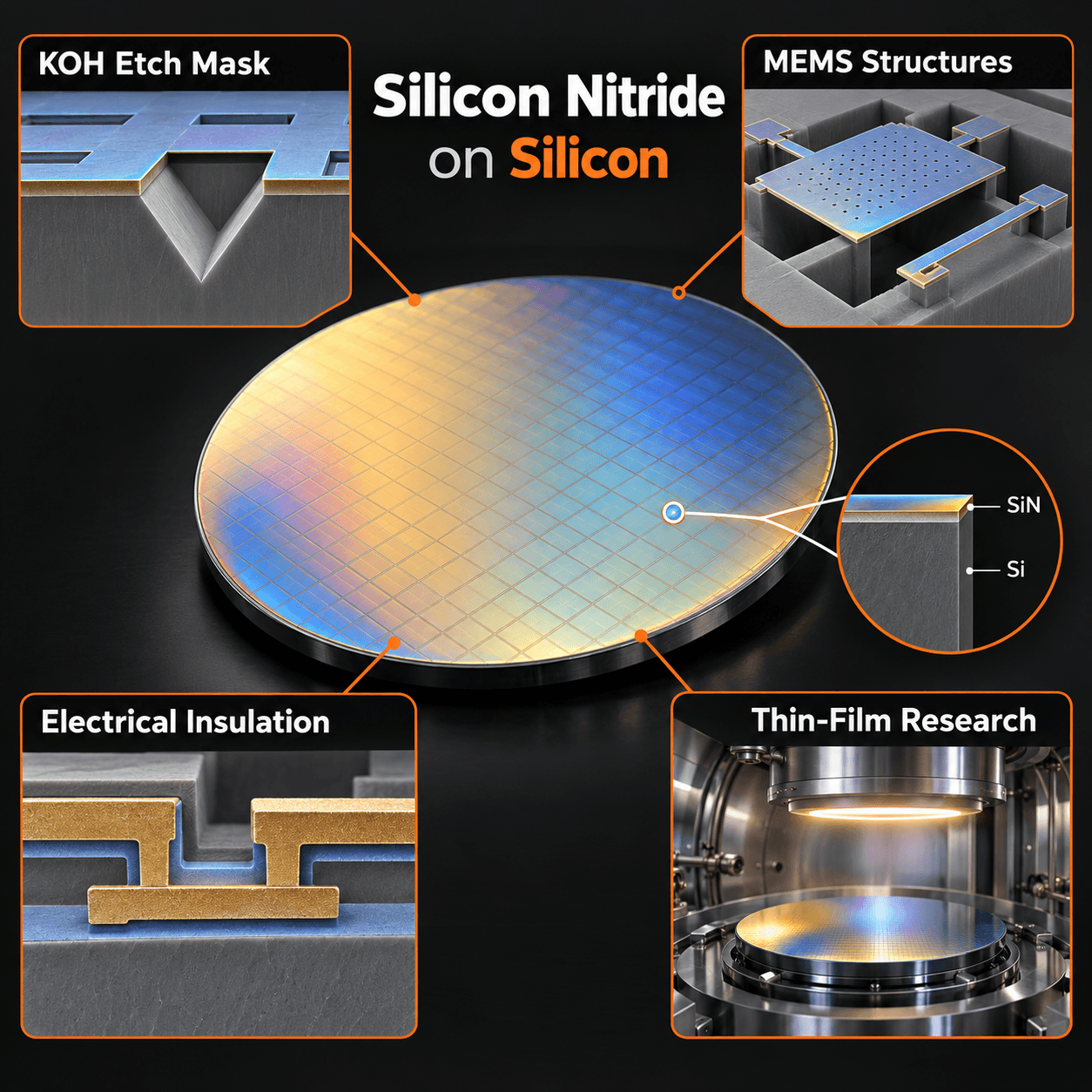 Illustration of silicon nitride coated wafers and a MEMS membrane device