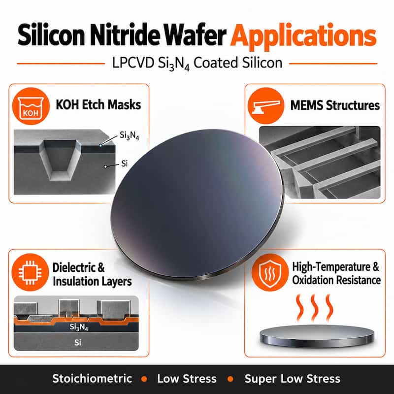 Silicon nitride wafer applications including KOH etch masks, MEMS structures, dielectric insulation, and high-temperature resistance