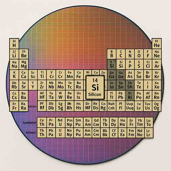 Silicon Si element 14 highlighted on the periodic table
