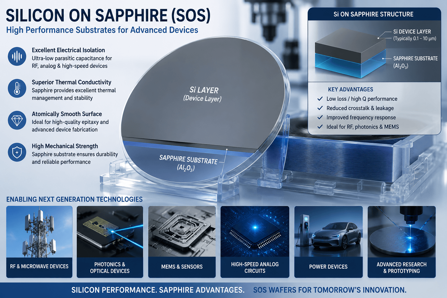 Silicon-on-Sapphire (SOS) wafer for RF, photonics, MEMS, and high-speed semiconductor devices
