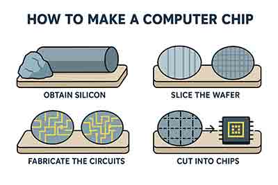 Step-by-step infographic showing how to make a computer chip from silicon, slicing wafers, fabricating circuits, and cutting into individual chips